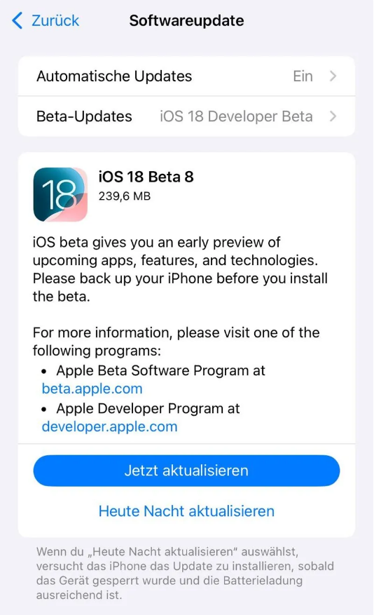 临潼苹果手机维修分享苹果 iOS / iPadOS 18 开发者预览版 Beta 8 发布 